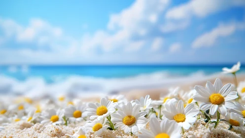 Chamomile Daisies on Sandy Beach with Ocean Backdrop.