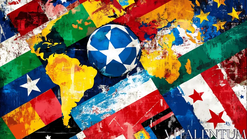 Scratched world flags collide around a bold blue football globe.
