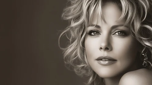 Sepia portrait of woman with tousled curls and soft light.