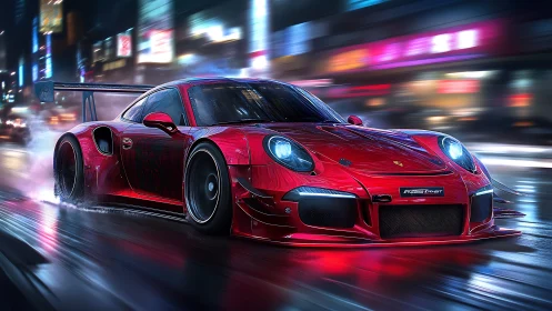 Ultra-wide red GT race car drifting on wet neon city street