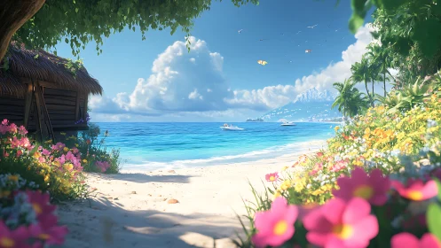 Tropical Paradise Beach With Flowering Gardens and Ocean View