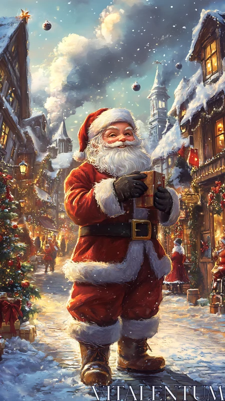 Santa Claus in snow-covered village street holding gift box