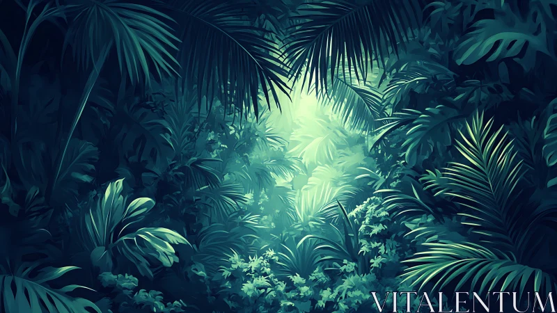 Bioluminescent Jungle Canopy: Atmospheric Volumetric Lighting Through Tropical Foliage.