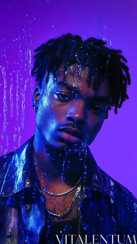 Moody portrait bathed in neon blue and violet light.