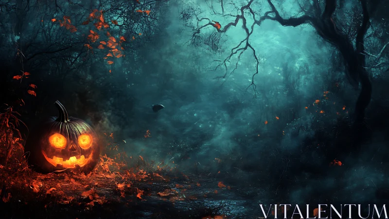 Glowing jack o lantern illuminates dark foggy forest path
