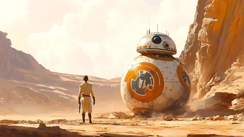 Desert wanderer greets a rolling droid beneath burning cliffs