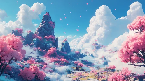 Dreamy pink mountain valley floating in gentle clouds.