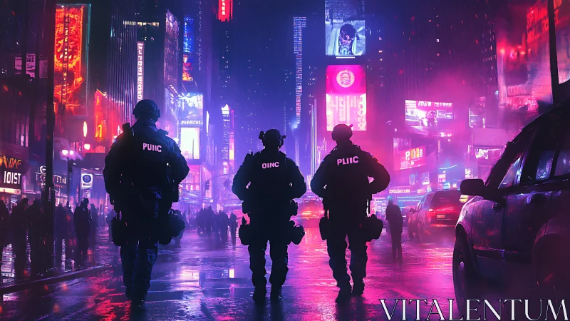 Police patrol in neon lit cyberpunk style city street.
