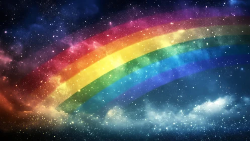 Spectral seven-band rainbow arc across luminous starfield