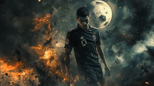 Digital painting of soccer striker in explosive nebula field.