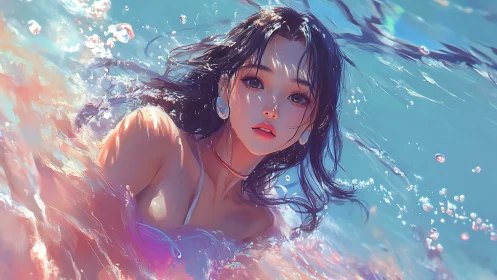 Luminous anime swimmer in refractive aquamarine surf field.