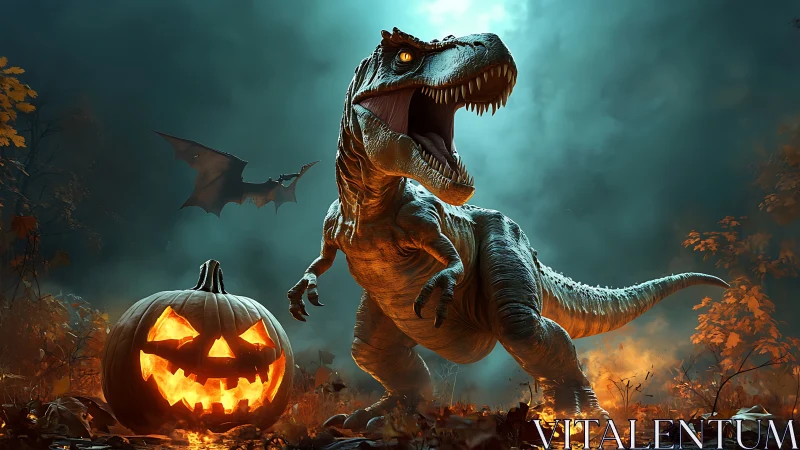Tyrannosaurus roars beside jack o lantern in smoky forest.