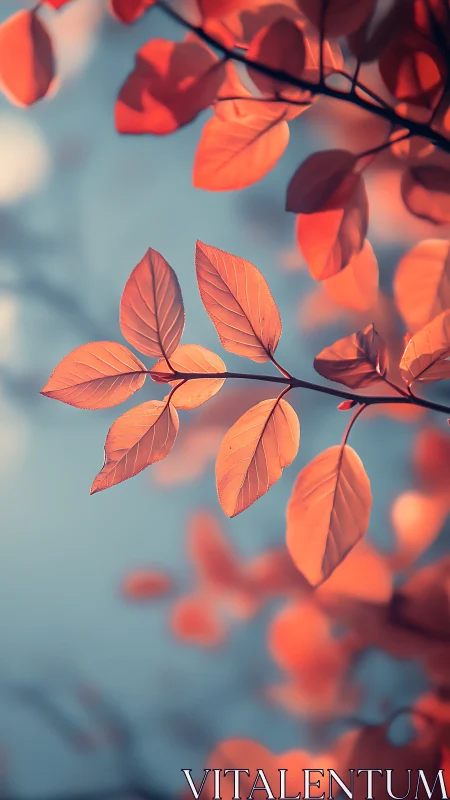 Orange leaves hang sharply focused against soft blue background