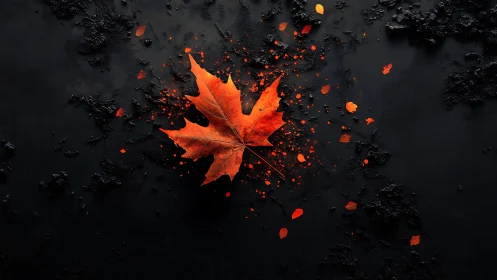 Fiery maple leaf rests on dark textured background.