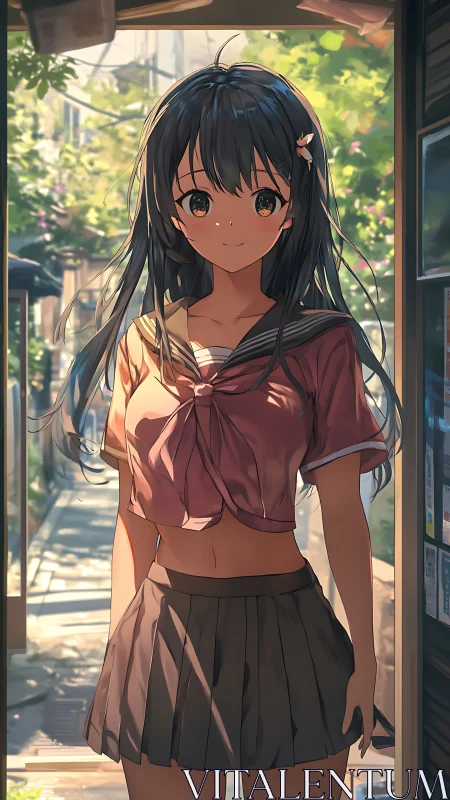 Anime schoolgirl in sunlit doorway with casual uniform.