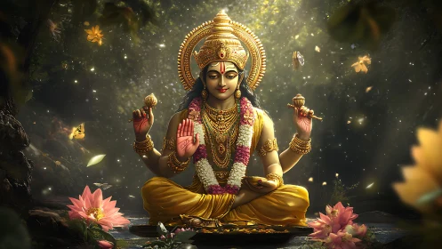 Golden Hindu goddess meditative portrait amid lotus bloom.