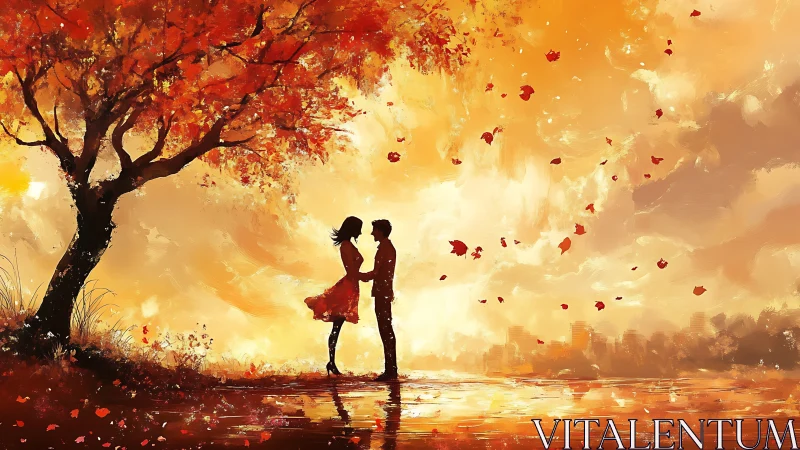 Couple Standing Under Autumn Tree at Sunset