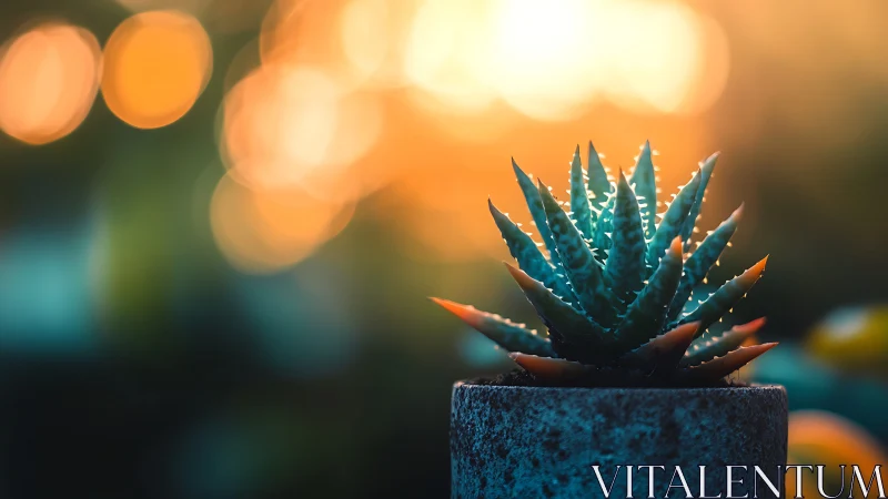 Sunlit succulent glows against dreamy golden bokeh backdrop