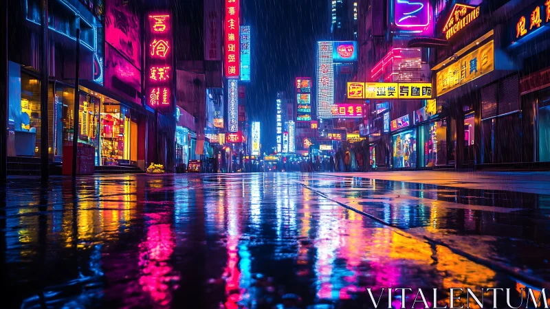 Neon city street glows warmly across a rainy midnight walk