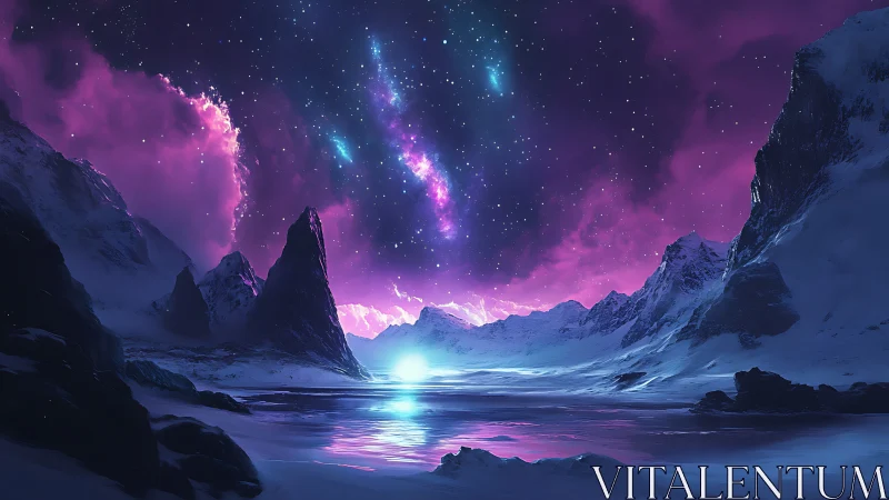 Frozen mountain bay under vivid purple galactic sky glows