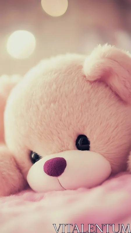 Soft pastel teddy bear close-up with dreamy bokeh glow.