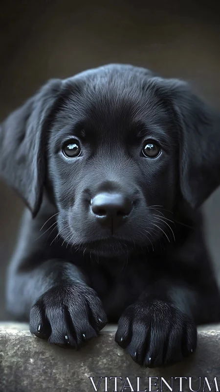Soft-eyed black labrador puppy in dreamy close-up portrait.