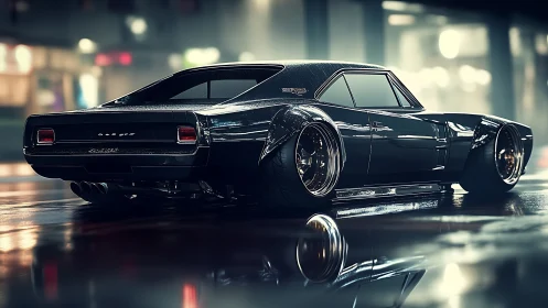 Black custom muscle car parked on wet neon city street.