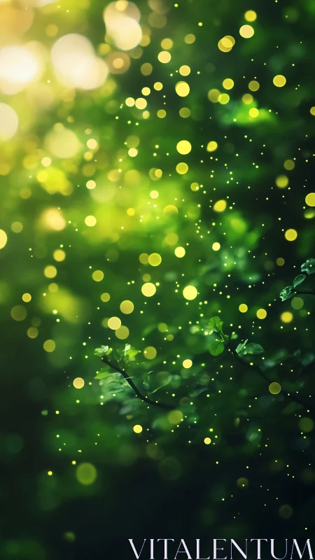 Glowing bokeh lights drift above shaded green forest foliage