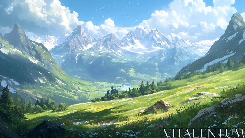 Sunlit alpine valley opens toward distant snowy summits.