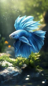 Digital rendering depicts blue betta fish above mossy stream
