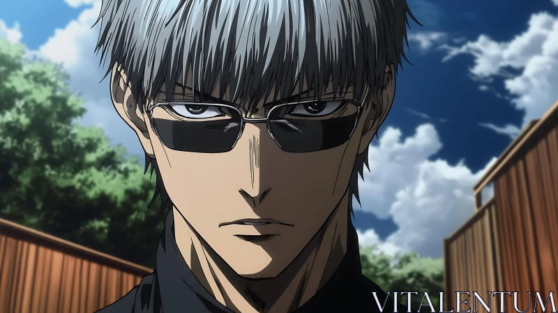 Stoic anime swordsman glares under a bright summer sky