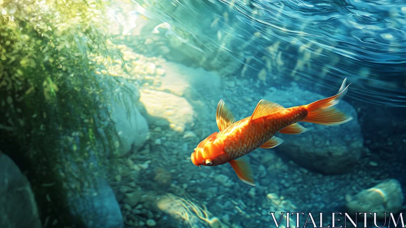 Golden koi gliding through sunlit underwater river scene.