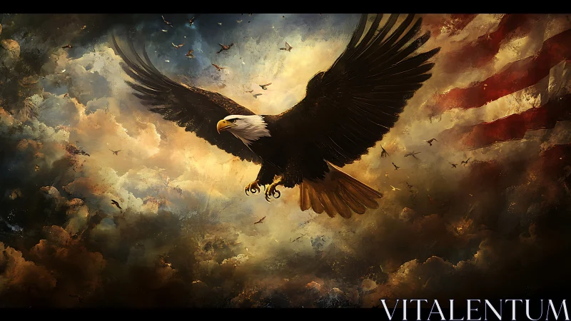 Majestic Bald Eagle Soaring in Dramatic Skies, Digital Art Style.