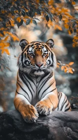 Photorealistic tiger portrait in autumnal forest framing.