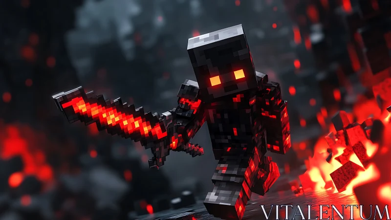3D voxel warrior with molten sword in dynamic inferno scene.