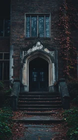 Old brick entrance with dark doorway and autumn leaves.