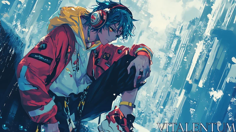 Urban headphone listener in red jacket amid abstract skyline