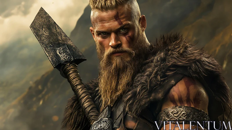 Viking warrior portrait with axe, fur cloak, and war paint.