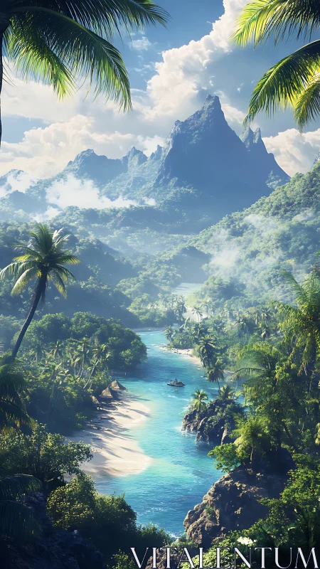 Tropical Paradise Valley with Dramatic Mountain Peak and Turquoise River
