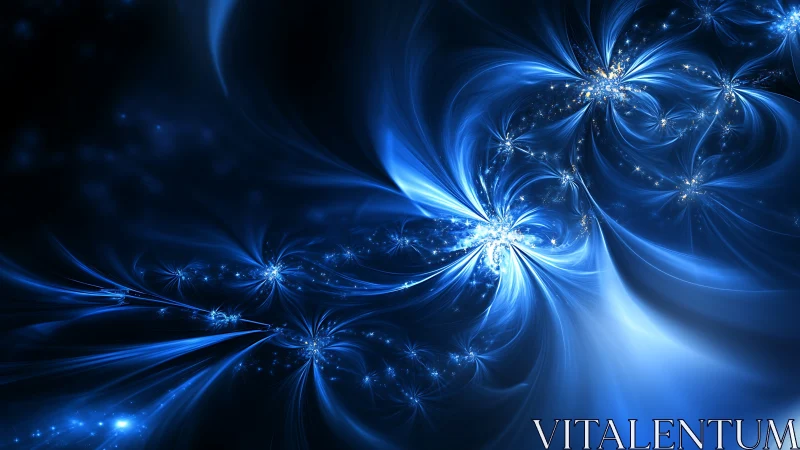 Fractal blue light vortex with radiant starbursts in motion flow.