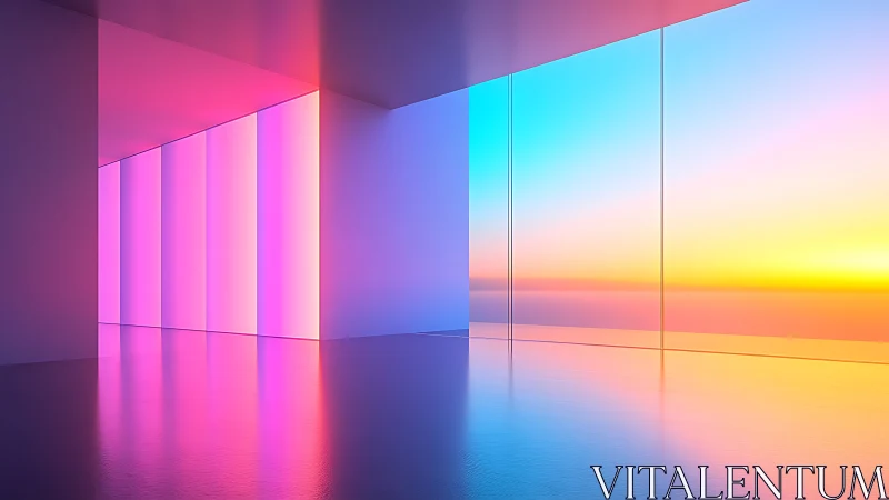 Minimal interior corridor with neon lights and sunset view.
