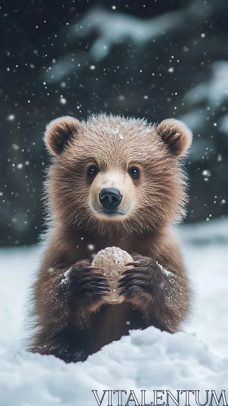 Brown bear cub holding snowball in falling winter snow.