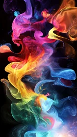 Chromatic fluid dynamics of luminous wisps on black field.