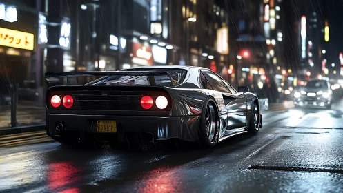 Midnight supercar charging through neon city rainstorm.