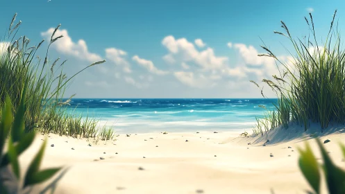 Sunlit dune path opening toward calm turquoise sea horizon.