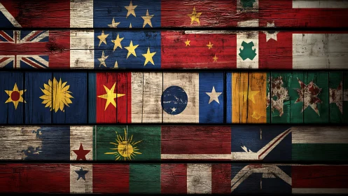 Colorful world flags glow on rustic painted wooden planks