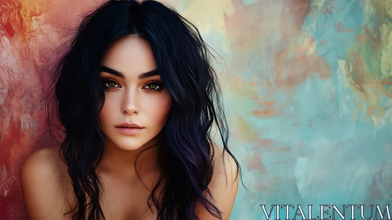 Soft gaze beside a swirling wall of color and quiet light.