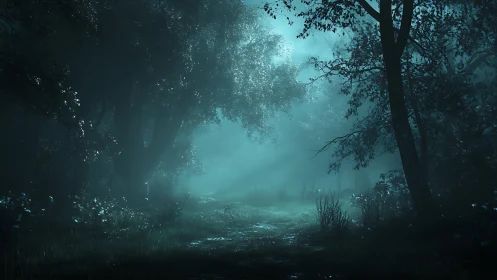 Luminous Fog Through Ancient Forest Pathway at Dusk