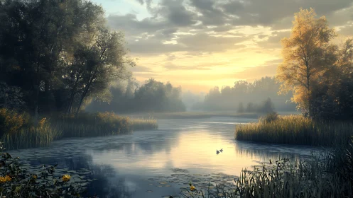 Low-angle sunrise over misted lakeside wetland with waterfowl