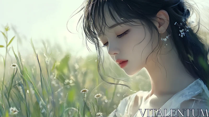 Serene young woman in sunlit meadow, soft-focus bokeh portrait.